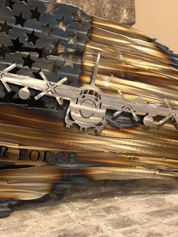Tattered American Flag - Custom C130 with small F16 and F15 Fighter Jets